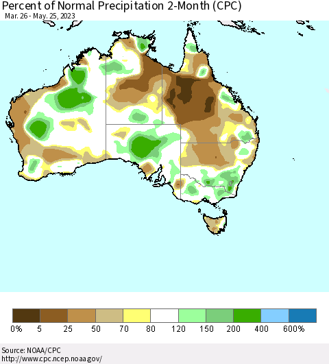 Australia Percent of Normal Precipitation 2-Month (CPC) Thematic Map For 3/26/2023 - 5/25/2023