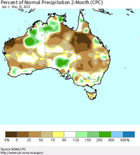 Australia Percent of Normal Precipitation 2-Month (CPC) Thematic Map For 4/1/2023 - 5/31/2023