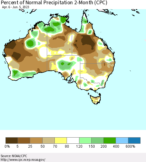 Australia Percent of Normal Precipitation 2-Month (CPC) Thematic Map For 4/6/2023 - 6/5/2023