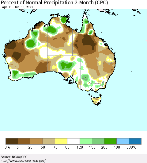 Australia Percent of Normal Precipitation 2-Month (CPC) Thematic Map For 4/11/2023 - 6/10/2023