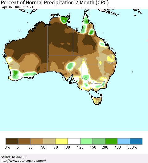 Australia Percent of Normal Precipitation 2-Month (CPC) Thematic Map For 4/16/2023 - 6/15/2023