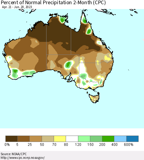 Australia Percent of Normal Precipitation 2-Month (CPC) Thematic Map For 4/21/2023 - 6/20/2023