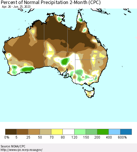 Australia Percent of Normal Precipitation 2-Month (CPC) Thematic Map For 4/26/2023 - 6/25/2023