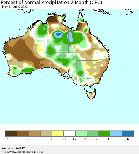Australia Percent of Normal Precipitation 2-Month (CPC) Thematic Map For 5/6/2023 - 7/5/2023