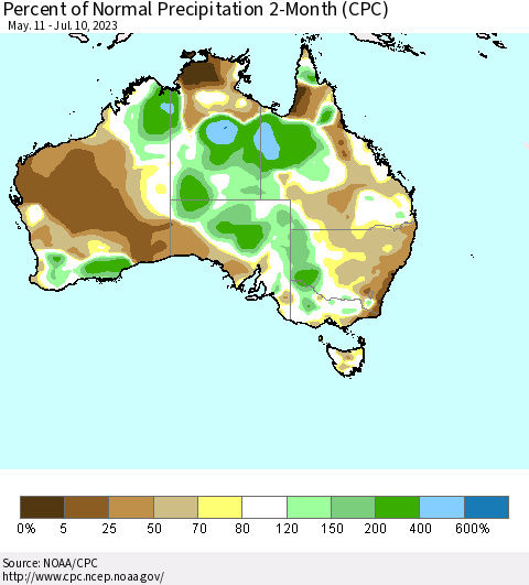 Australia Percent of Normal Precipitation 2-Month (CPC) Thematic Map For 5/11/2023 - 7/10/2023