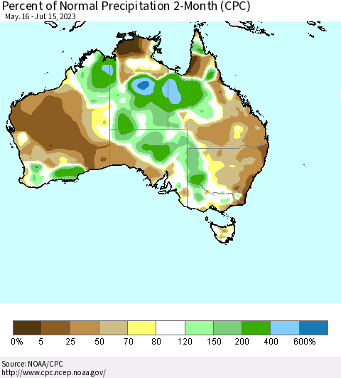 Australia Percent of Normal Precipitation 2-Month (CPC) Thematic Map For 5/16/2023 - 7/15/2023