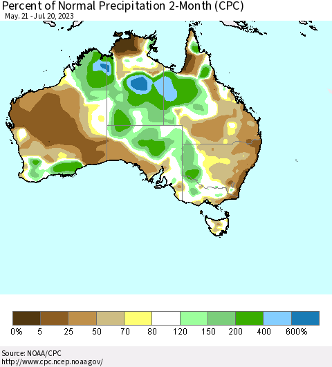 Australia Percent of Normal Precipitation 2-Month (CPC) Thematic Map For 5/21/2023 - 7/20/2023
