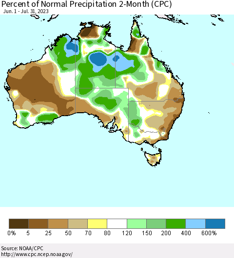 Australia Percent of Normal Precipitation 2-Month (CPC) Thematic Map For 6/1/2023 - 7/31/2023