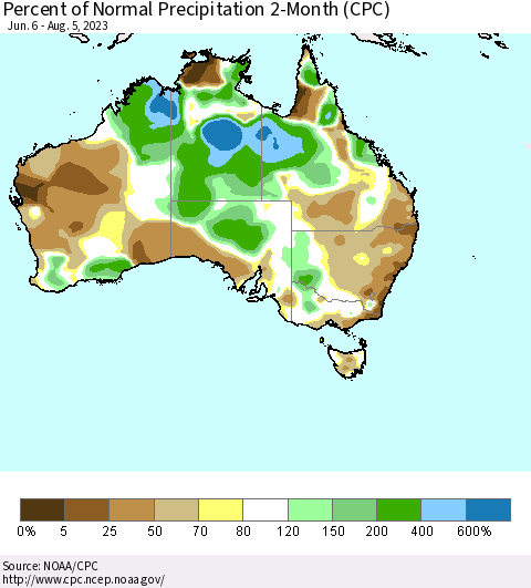 Australia Percent of Normal Precipitation 2-Month (CPC) Thematic Map For 6/6/2023 - 8/5/2023