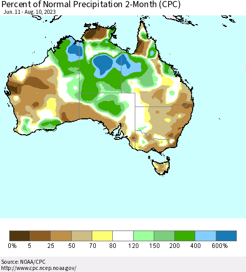Australia Percent of Normal Precipitation 2-Month (CPC) Thematic Map For 6/11/2023 - 8/10/2023