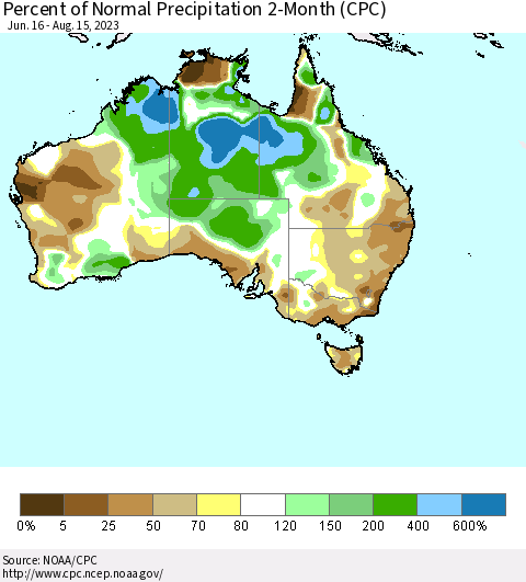 Australia Percent of Normal Precipitation 2-Month (CPC) Thematic Map For 6/16/2023 - 8/15/2023