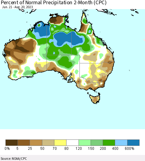 Australia Percent of Normal Precipitation 2-Month (CPC) Thematic Map For 6/21/2023 - 8/20/2023