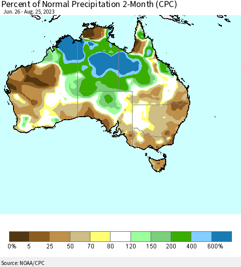 Australia Percent of Normal Precipitation 2-Month (CPC) Thematic Map For 6/26/2023 - 8/25/2023