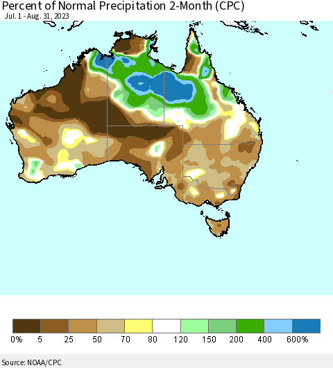 Australia Percent of Normal Precipitation 2-Month (CPC) Thematic Map For 7/1/2023 - 8/31/2023
