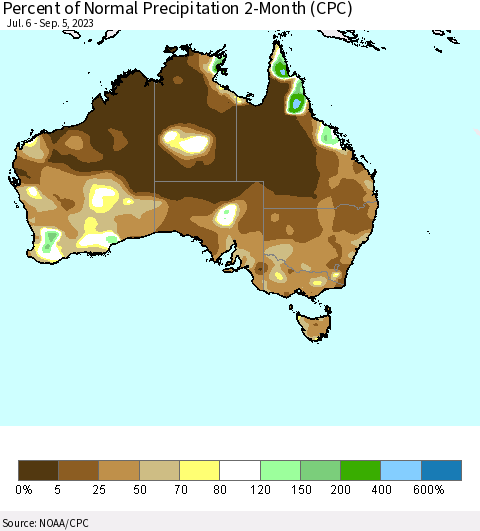 Australia Percent of Normal Precipitation 2-Month (CPC) Thematic Map For 7/6/2023 - 9/5/2023