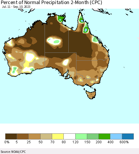 Australia Percent of Normal Precipitation 2-Month (CPC) Thematic Map For 7/11/2023 - 9/10/2023