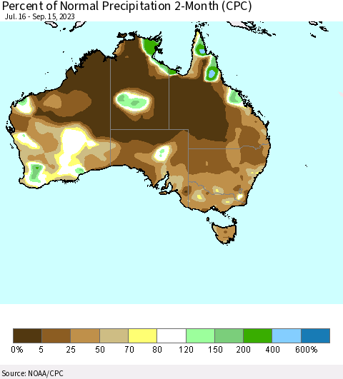 Australia Percent of Normal Precipitation 2-Month (CPC) Thematic Map For 7/16/2023 - 9/15/2023