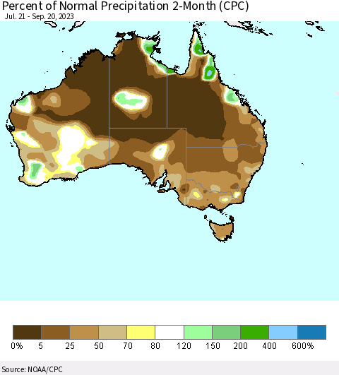 Australia Percent of Normal Precipitation 2-Month (CPC) Thematic Map For 7/21/2023 - 9/20/2023