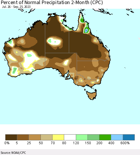 Australia Percent of Normal Precipitation 2-Month (CPC) Thematic Map For 7/26/2023 - 9/25/2023