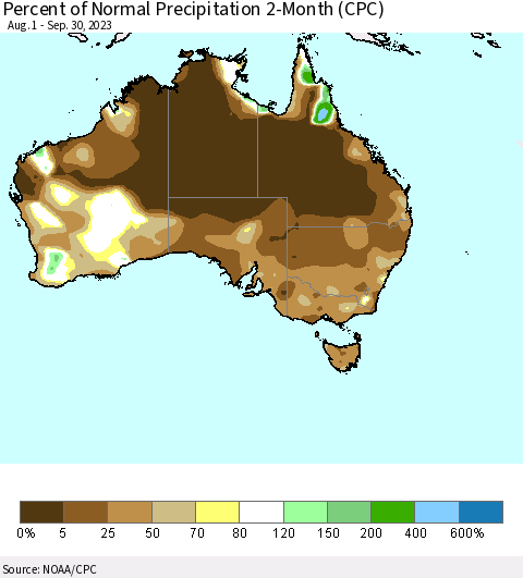 Australia Percent of Normal Precipitation 2-Month (CPC) Thematic Map For 8/1/2023 - 9/30/2023