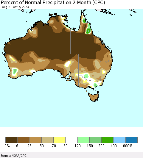 Australia Percent of Normal Precipitation 2-Month (CPC) Thematic Map For 8/6/2023 - 10/5/2023