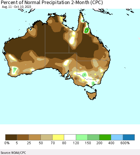 Australia Percent of Normal Precipitation 2-Month (CPC) Thematic Map For 8/11/2023 - 10/10/2023