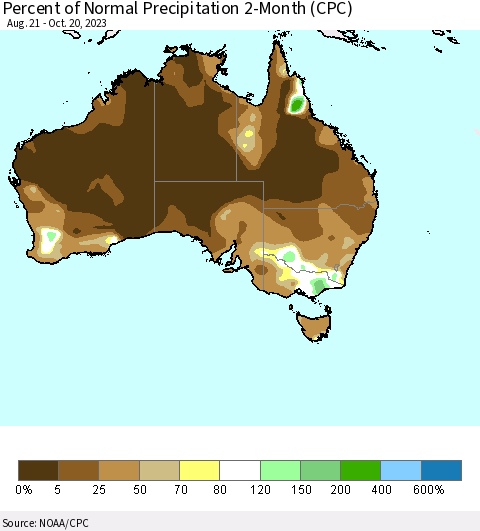 Australia Percent of Normal Precipitation 2-Month (CPC) Thematic Map For 8/21/2023 - 10/20/2023