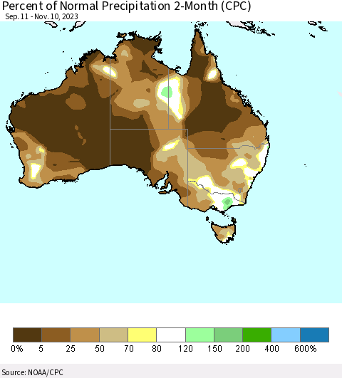 Australia Percent of Normal Precipitation 2-Month (CPC) Thematic Map For 9/11/2023 - 11/10/2023