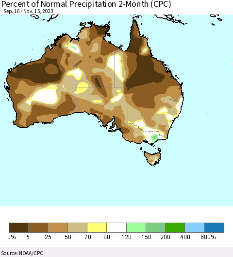 Australia Percent of Normal Precipitation 2-Month (CPC) Thematic Map For 9/16/2023 - 11/15/2023