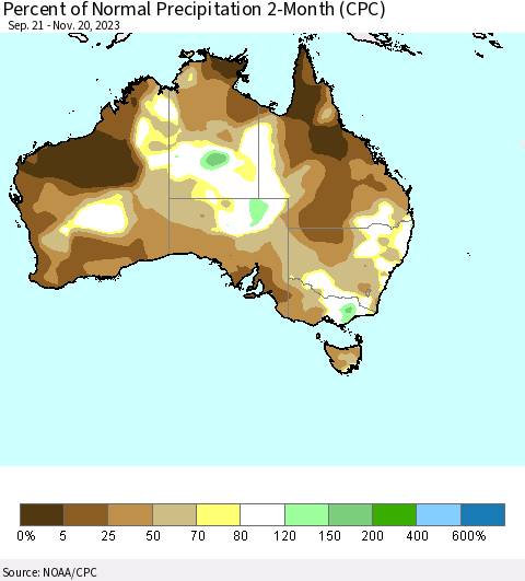 Australia Percent of Normal Precipitation 2-Month (CPC) Thematic Map For 9/21/2023 - 11/20/2023