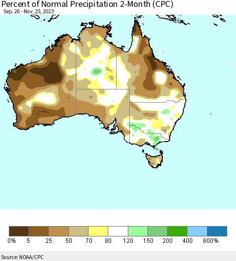 Australia Percent of Normal Precipitation 2-Month (CPC) Thematic Map For 9/26/2023 - 11/25/2023