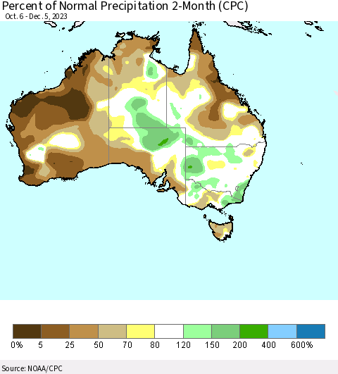 Australia Percent of Normal Precipitation 2-Month (CPC) Thematic Map For 10/6/2023 - 12/5/2023