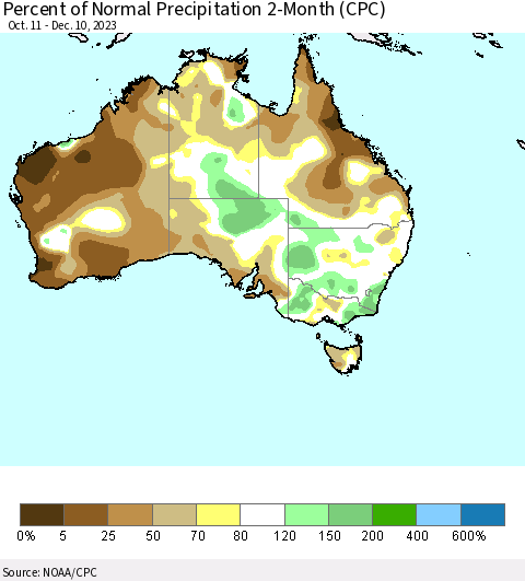 Australia Percent of Normal Precipitation 2-Month (CPC) Thematic Map For 10/11/2023 - 12/10/2023