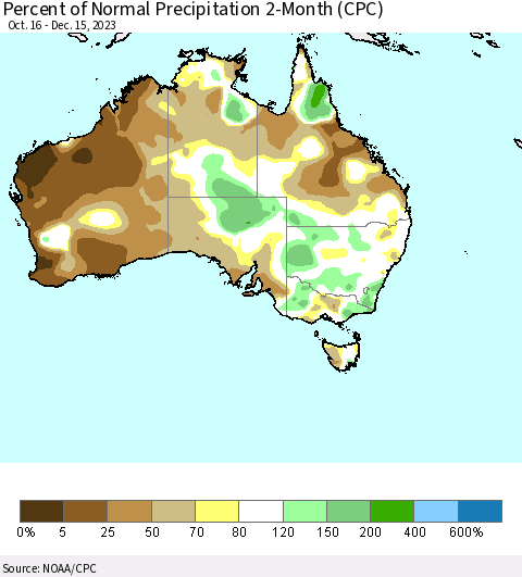 Australia Percent of Normal Precipitation 2-Month (CPC) Thematic Map For 10/16/2023 - 12/15/2023