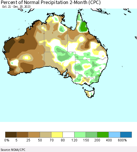 Australia Percent of Normal Precipitation 2-Month (CPC) Thematic Map For 10/21/2023 - 12/20/2023