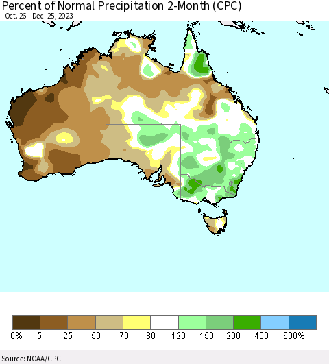 Australia Percent of Normal Precipitation 2-Month (CPC) Thematic Map For 10/26/2023 - 12/25/2023
