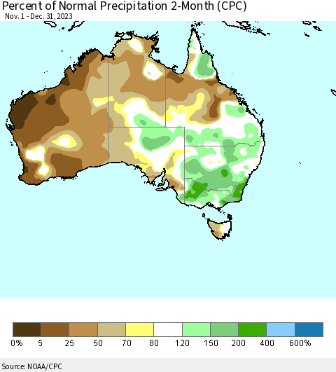 Australia Percent of Normal Precipitation 2-Month (CPC) Thematic Map For 11/1/2023 - 12/31/2023