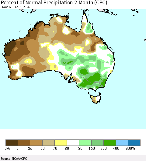 Australia Percent of Normal Precipitation 2-Month (CPC) Thematic Map For 11/6/2023 - 1/5/2024