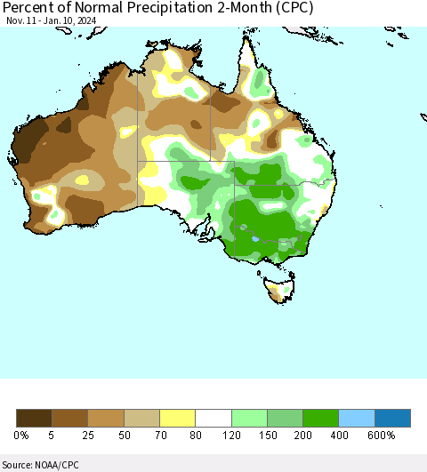 Australia Percent of Normal Precipitation 2-Month (CPC) Thematic Map For 11/11/2023 - 1/10/2024