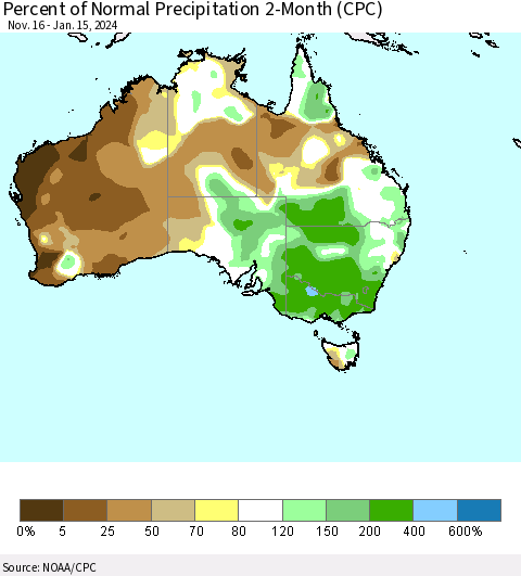 Australia Percent of Normal Precipitation 2-Month (CPC) Thematic Map For 11/16/2023 - 1/15/2024