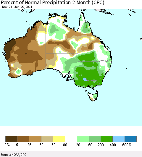 Australia Percent of Normal Precipitation 2-Month (CPC) Thematic Map For 11/21/2023 - 1/20/2024