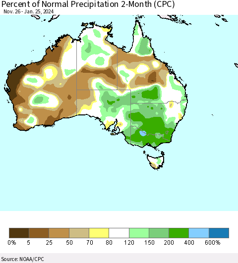 Australia Percent of Normal Precipitation 2-Month (CPC) Thematic Map For 11/26/2023 - 1/25/2024