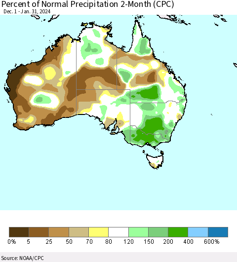 Australia Percent of Normal Precipitation 2-Month (CPC) Thematic Map For 12/1/2023 - 1/31/2024