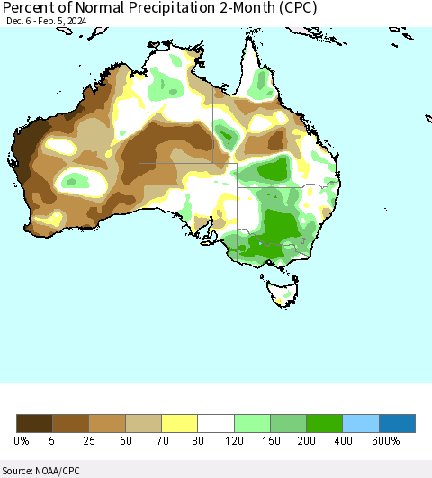 Australia Percent of Normal Precipitation 2-Month (CPC) Thematic Map For 12/6/2023 - 2/5/2024