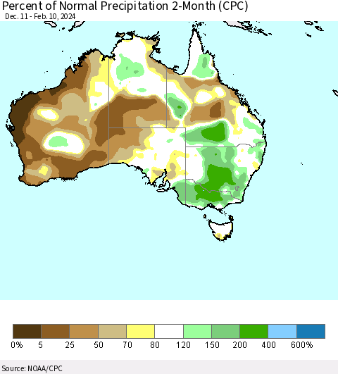 Australia Percent of Normal Precipitation 2-Month (CPC) Thematic Map For 12/11/2023 - 2/10/2024