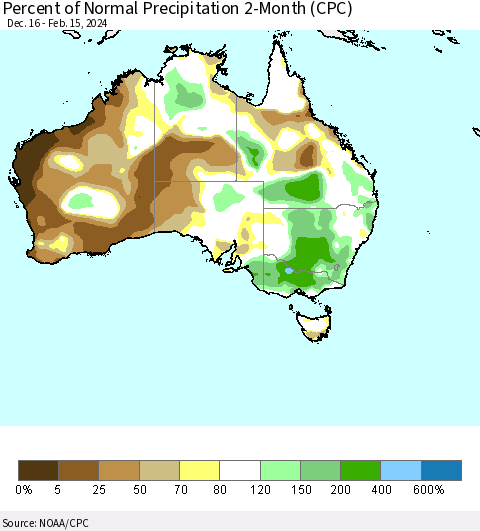 Australia Percent of Normal Precipitation 2-Month (CPC) Thematic Map For 12/16/2023 - 2/15/2024