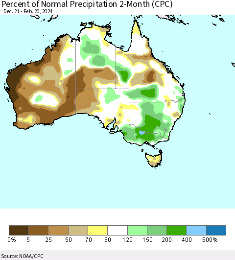 Australia Percent of Normal Precipitation 2-Month (CPC) Thematic Map For 12/21/2023 - 2/20/2024