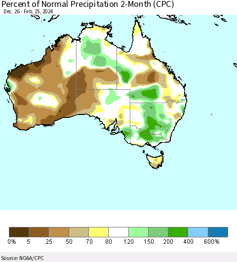 Australia Percent of Normal Precipitation 2-Month (CPC) Thematic Map For 12/26/2023 - 2/25/2024