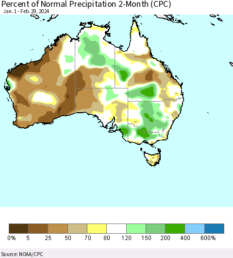 Australia Percent of Normal Precipitation 2-Month (CPC) Thematic Map For 1/1/2024 - 2/29/2024