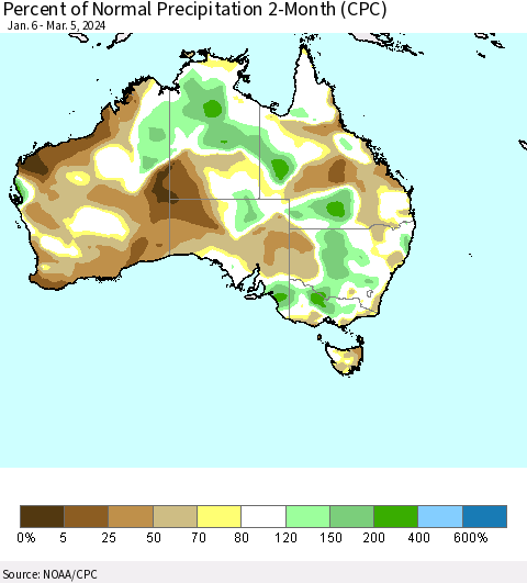 Australia Percent of Normal Precipitation 2-Month (CPC) Thematic Map For 1/6/2024 - 3/5/2024